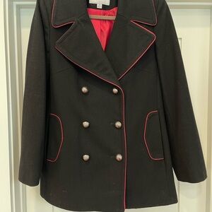 Lucky Brand Vintage Black Wool Pea Coat with Red Accents and Unique Buttons